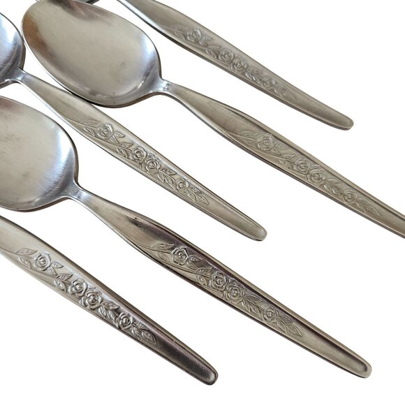 5 Elden Vintage Flower Soup Spoon stainless 7" Rose Midcentury Colonial EDL5 - Picture 3 of 6